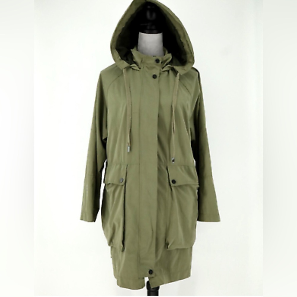 ZARA Sz M-L Trench Hooded Full Zip Snaps  Drawstring Military Cargo Style Coat